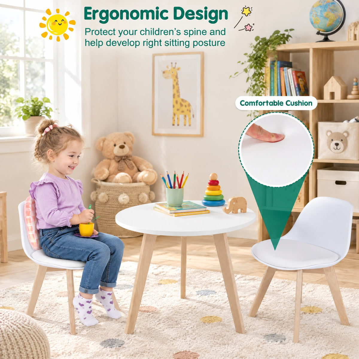 Airfind Modern Kids Activity Play Table and 2 Chairs Set with Beech Leg Cushion, 176 lbs Capacity, MDF beech wood PP Frame, 23.5 x 20 Footprint