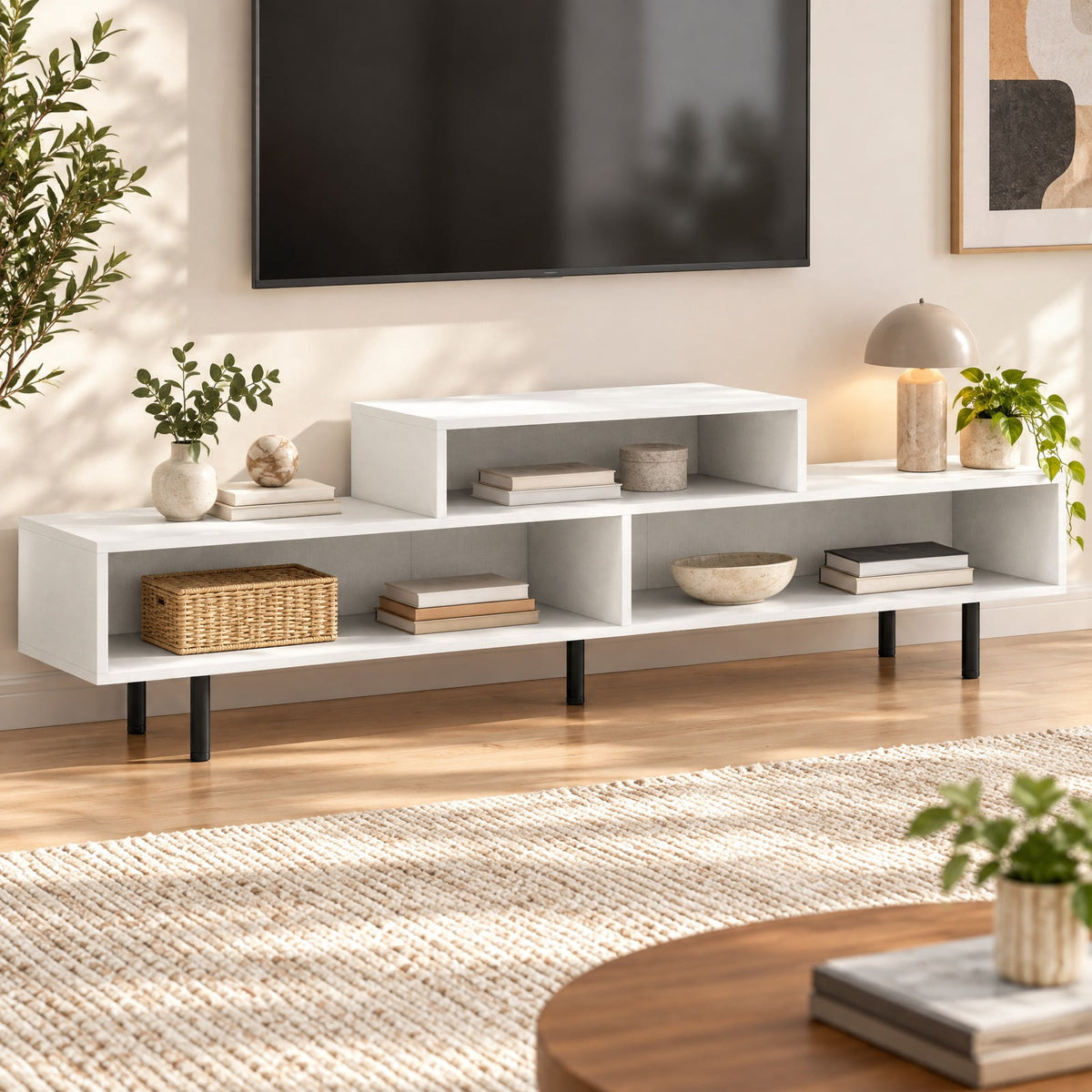 Airfind 3 Cubby TV Stand for TVs up to 70 Inch with Open Storage Compartments, 155 Lbs Capacity, Engineered Wood MDF Metal, White