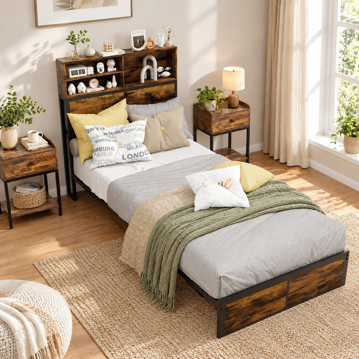 Airfind Twin Size Bed Frame with Storage Headboard Industrial Metal Platform Bed, 485 lbs Capacity, Metal Engineered Wood Frame, Rustic Brown