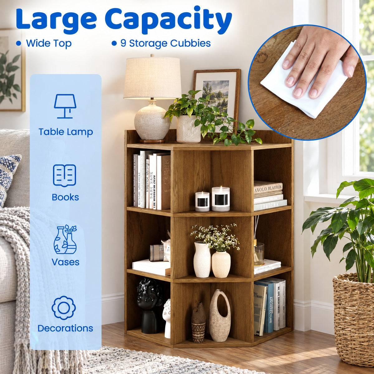 Airfind 3-Tier Corner Cabinet with Charging Station for Bedroom, Engineered Wood Frame, 20 x 20 x 34 inch Footprint, Natural