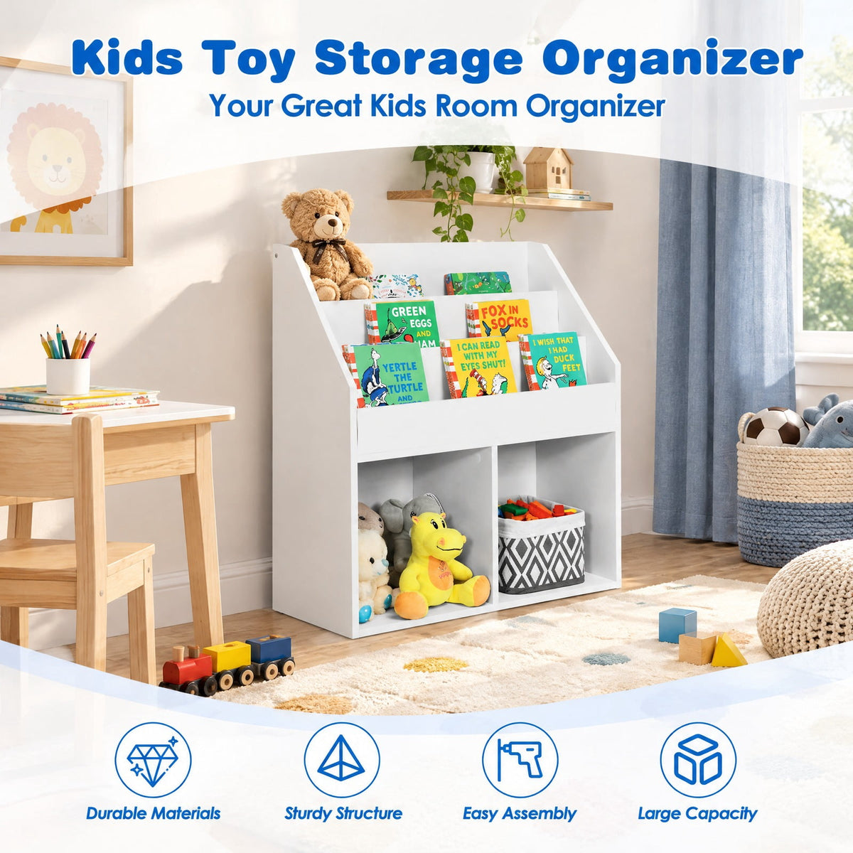 Airfind Kids Wooden Bookshelf Bookcase Children Toy Storage Cabinet Organizer, Engineered wood Frame, 29in x 12in x 32in Footprint, White