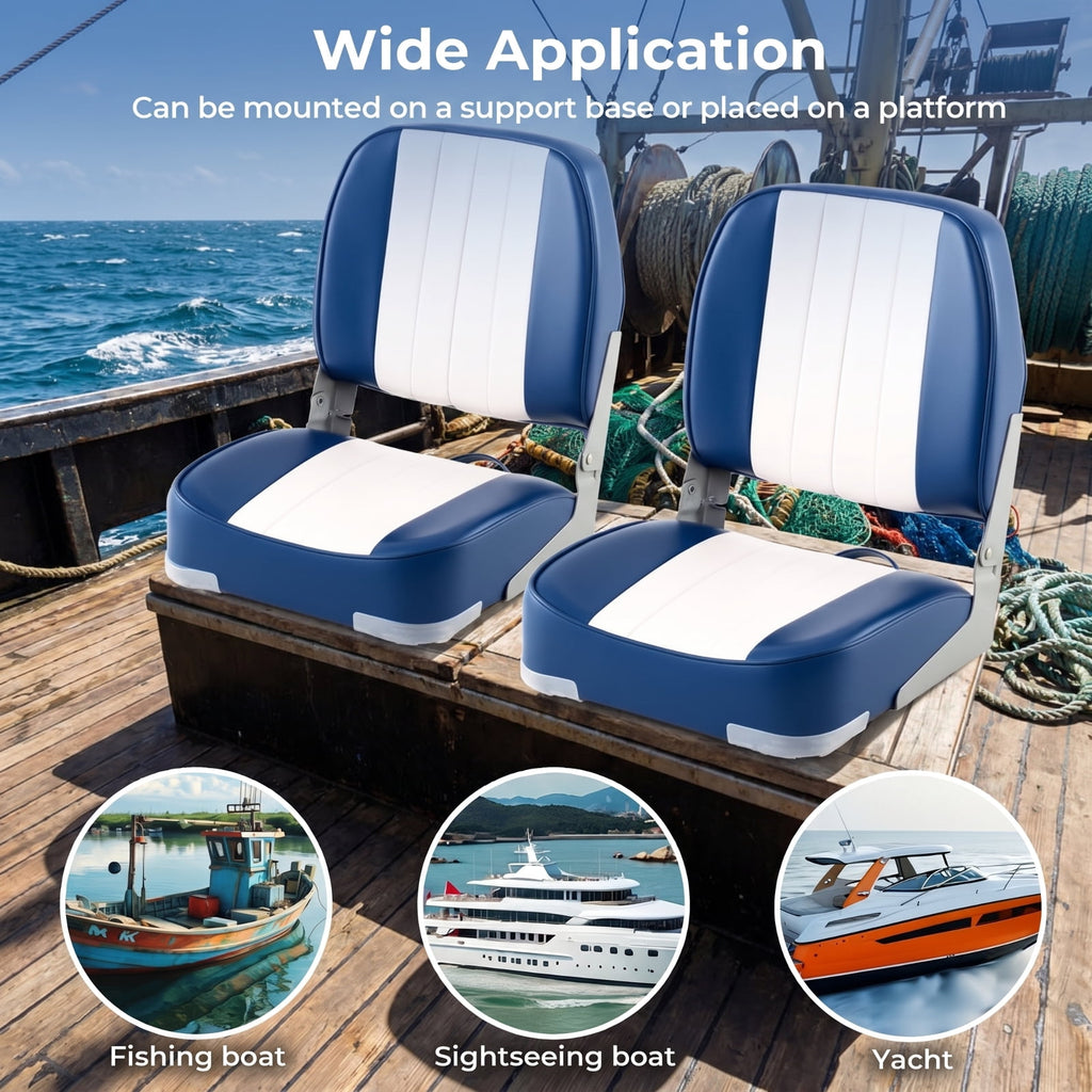 Airfind 2-Pack Folding Low-Back Boat Seats for Fishing Boat, Pontoon Runabout ¡ª Marine PVC Leather, Aluminum Hinges, 5 x 5 Bolt Pattern, 330 lb Rated (Blue White)