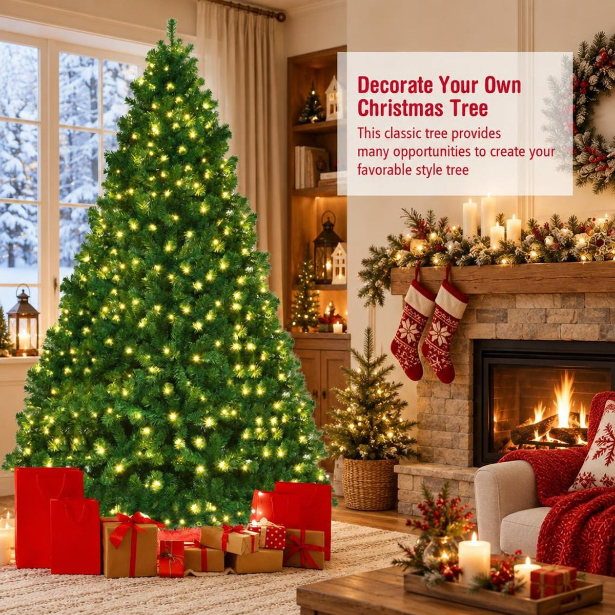 Airfind 8 Feet PVC Artificial Christmas Tree with LED Lights-8 ft, PVC iron Frame, 4.3 x 7.5 H Footprint, Green