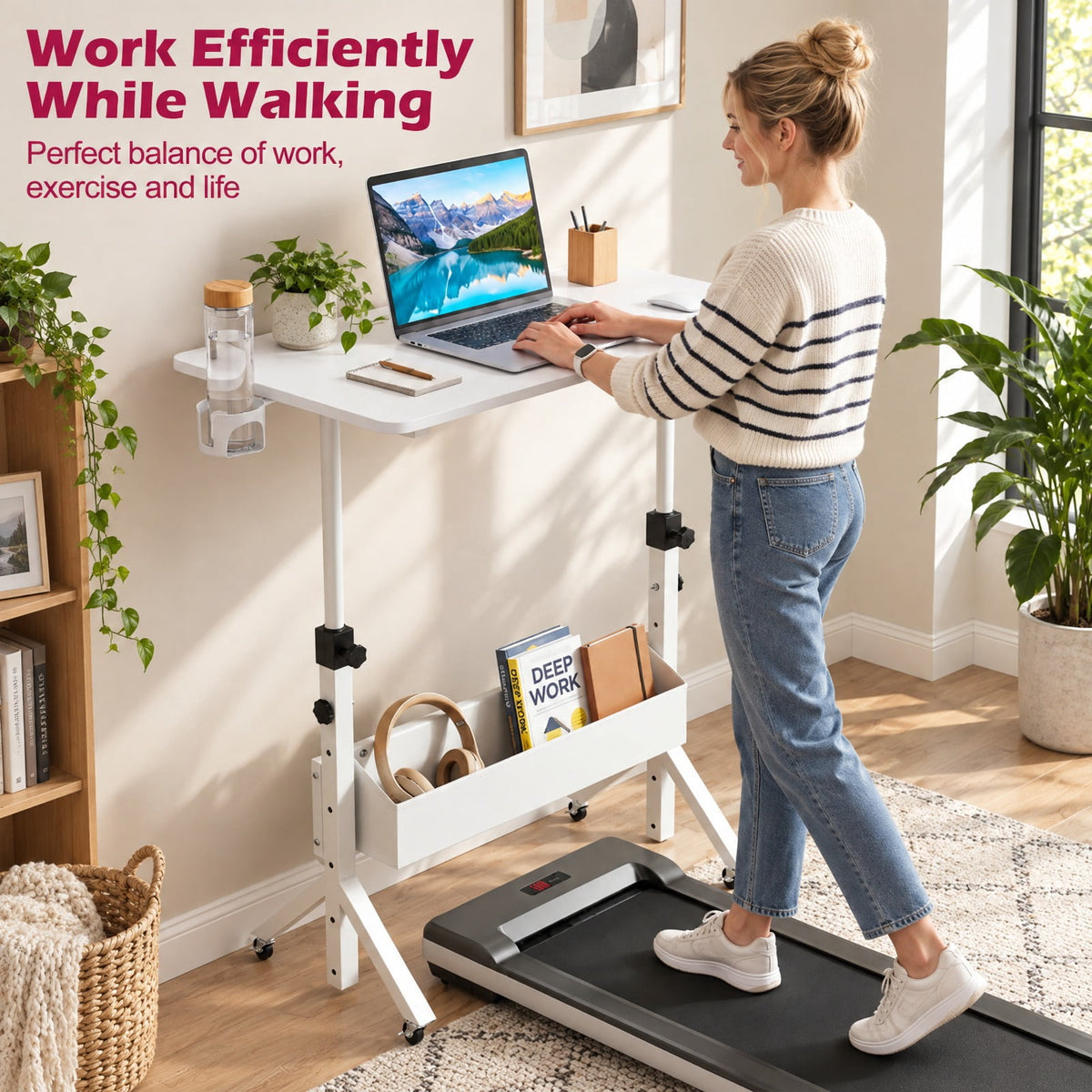 Airfind Mobile Standing Desk Height Adjustable Rolling Laptop Desk with Cup Holder Storage Basket, 110 lbs Capacity, White
