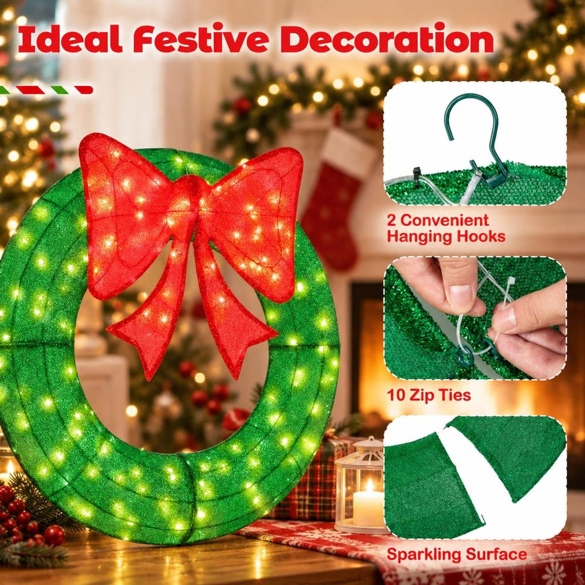 Airfind 48 Inch Pre-Lit Lighted Christmas Mesh Wreath with Bow and 200 LED Bulbs, Metal Mesh Fabric Frame, 29 x 30 Footprint, Green