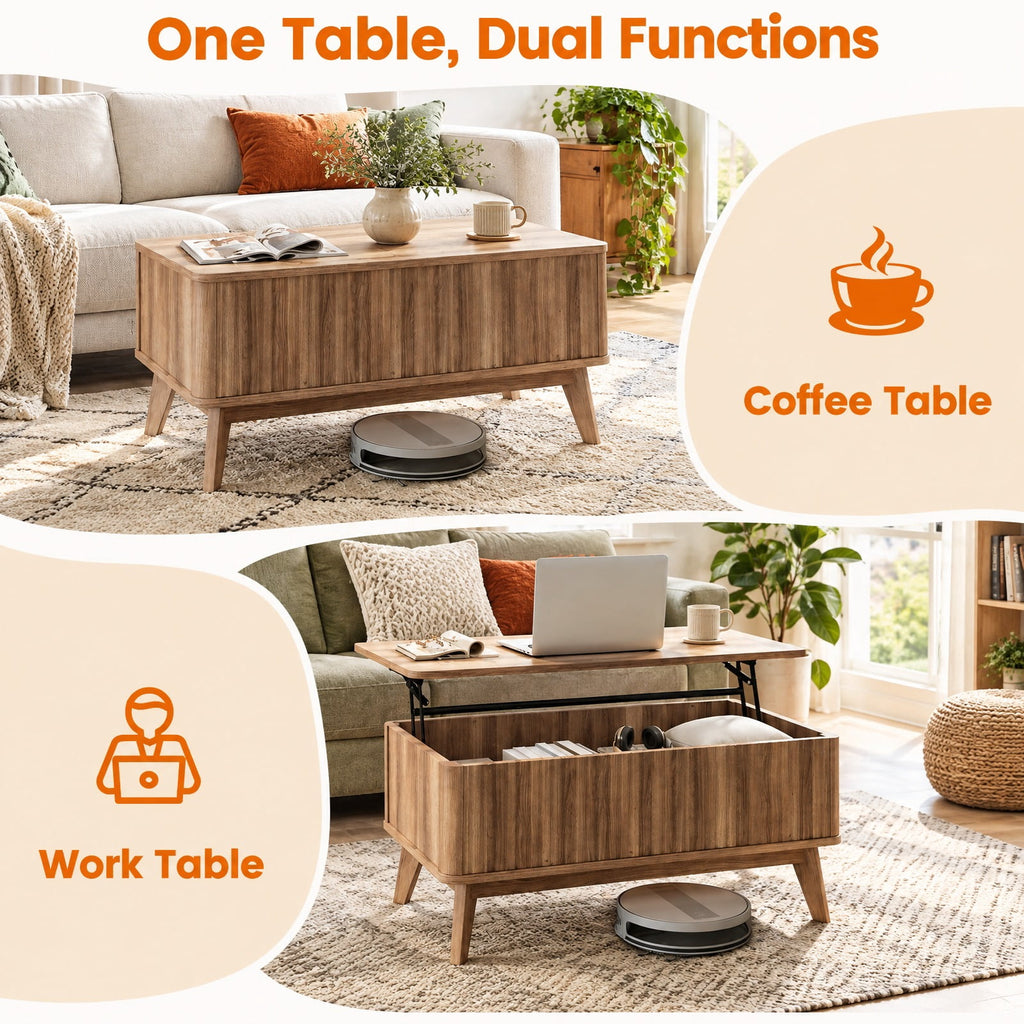 Airfind 35.5 Rectangle Wooden Fluted Lift Top Coffee Table, 220 lbs Capacity, Rubber Wood MDF Frame, Walnut