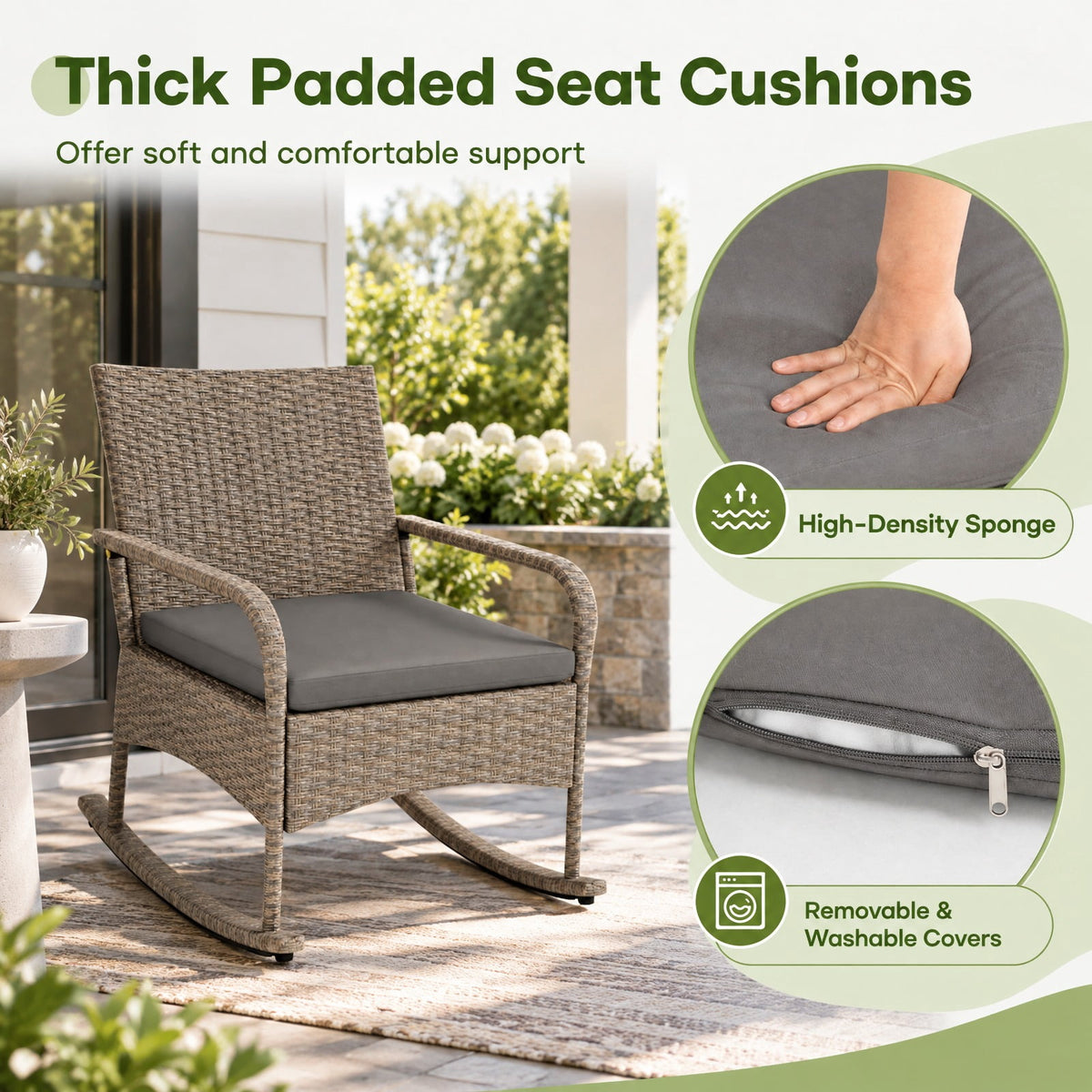Airfind 3-Piece Wicker Rocking Bistro Set with Cushions for Garden Backyard Porch, of Chair 400 lbs Total Capacity, PE Rattan Frame, Gray