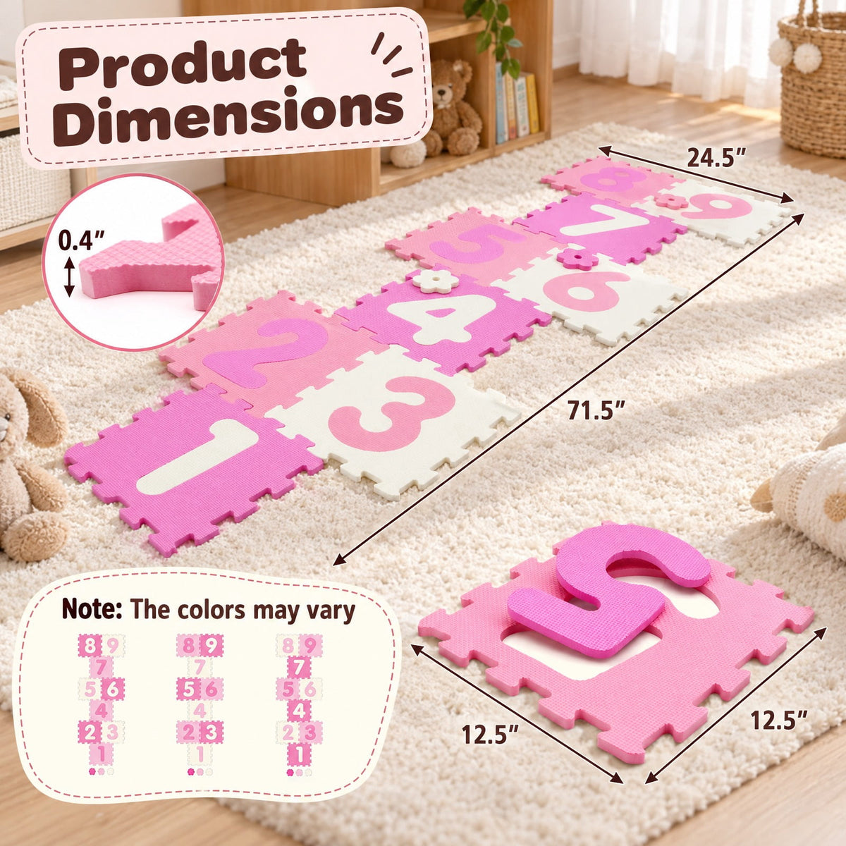 Airfind 9 Pieces Interlocking Foam Puzzle Floor Mat with 3 Marker Discs, EVA Foam Single Piece Frame, for 10 Months+, 71.5 Inch x 24.5 Inch Footprint