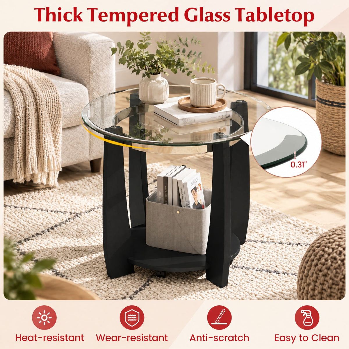 Airfind 32 Inch 2-Tier Glass Round Coffee Table with Storage Shelf, 300 lbs Capacity, Tempered Glass Rubber Wood Stainless Steel Plastic Frame, Black