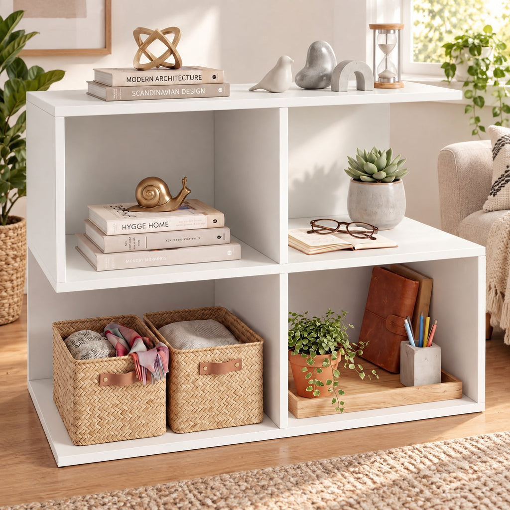 Airfind 3-Tier Modern S-shaped End Table with 4 Storage Cubes, 88 lbs Capacity, Engineered Wood Frame, 24 x 11.5 x 17 Footprint, White
