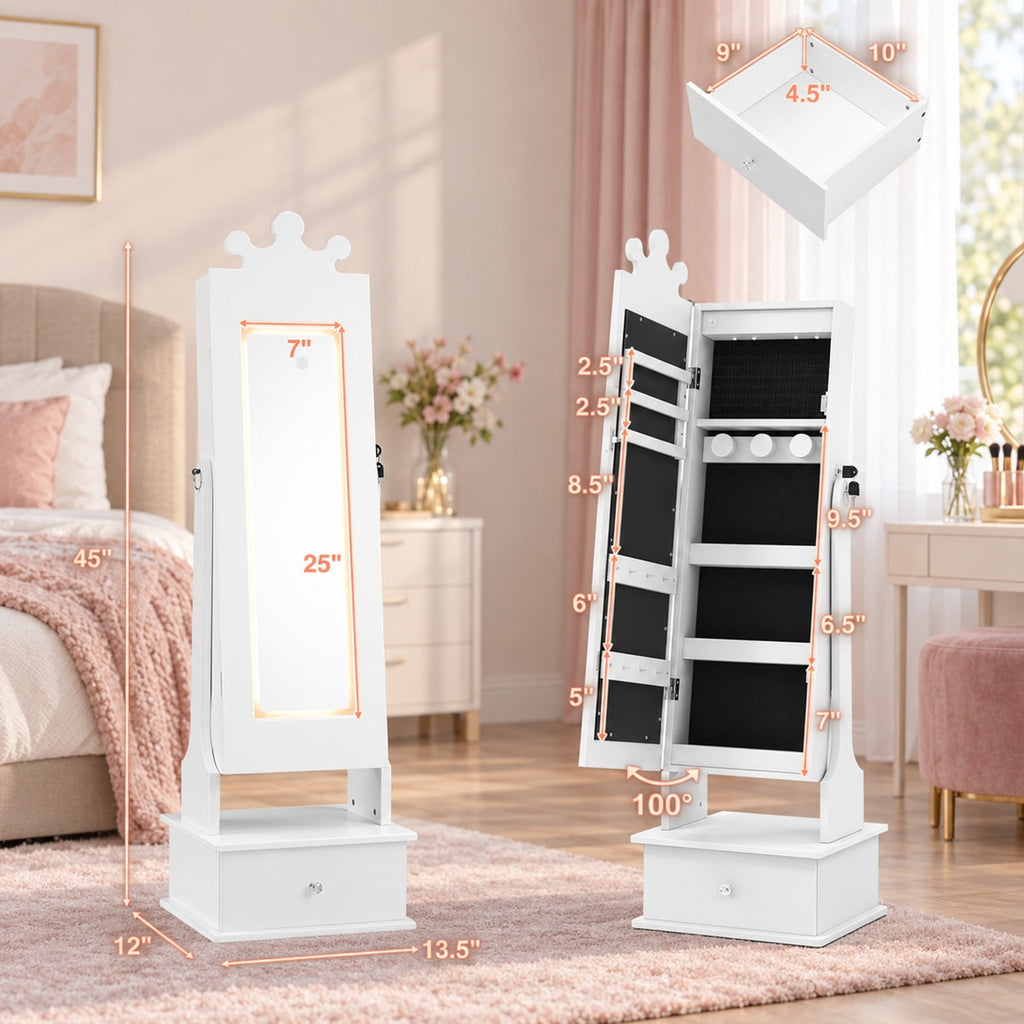 Airfind Youth Jewelry Armoire with 3-Color Lighted Full Length Mirror and Inside Led Lights, MDF Glass, 13.5 Inch X 12 Inch X 45 Inch Full-length, White