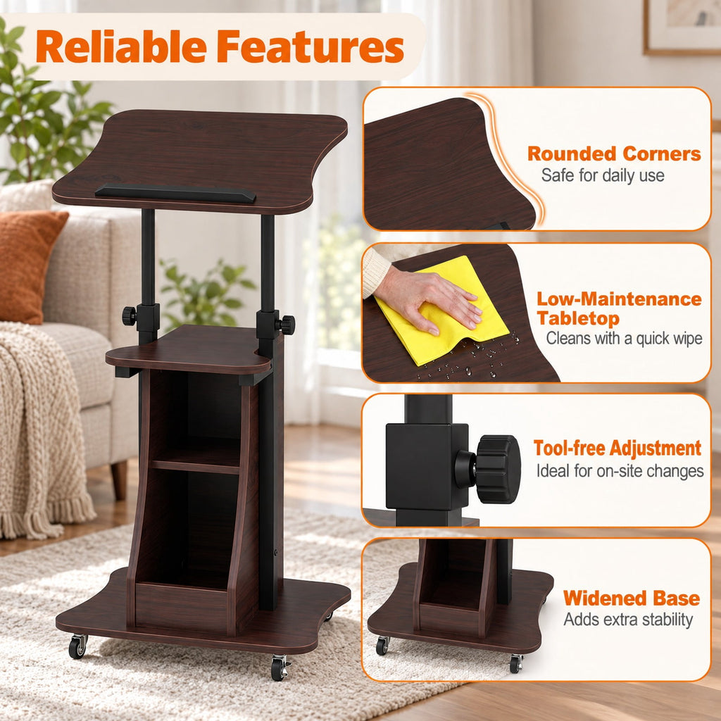 Airfind Mobile Podium Stand Height Adjustable Laptop Cart with Tilting Tabletop and Storage Compartments, 200 lbs Capacity, Brown