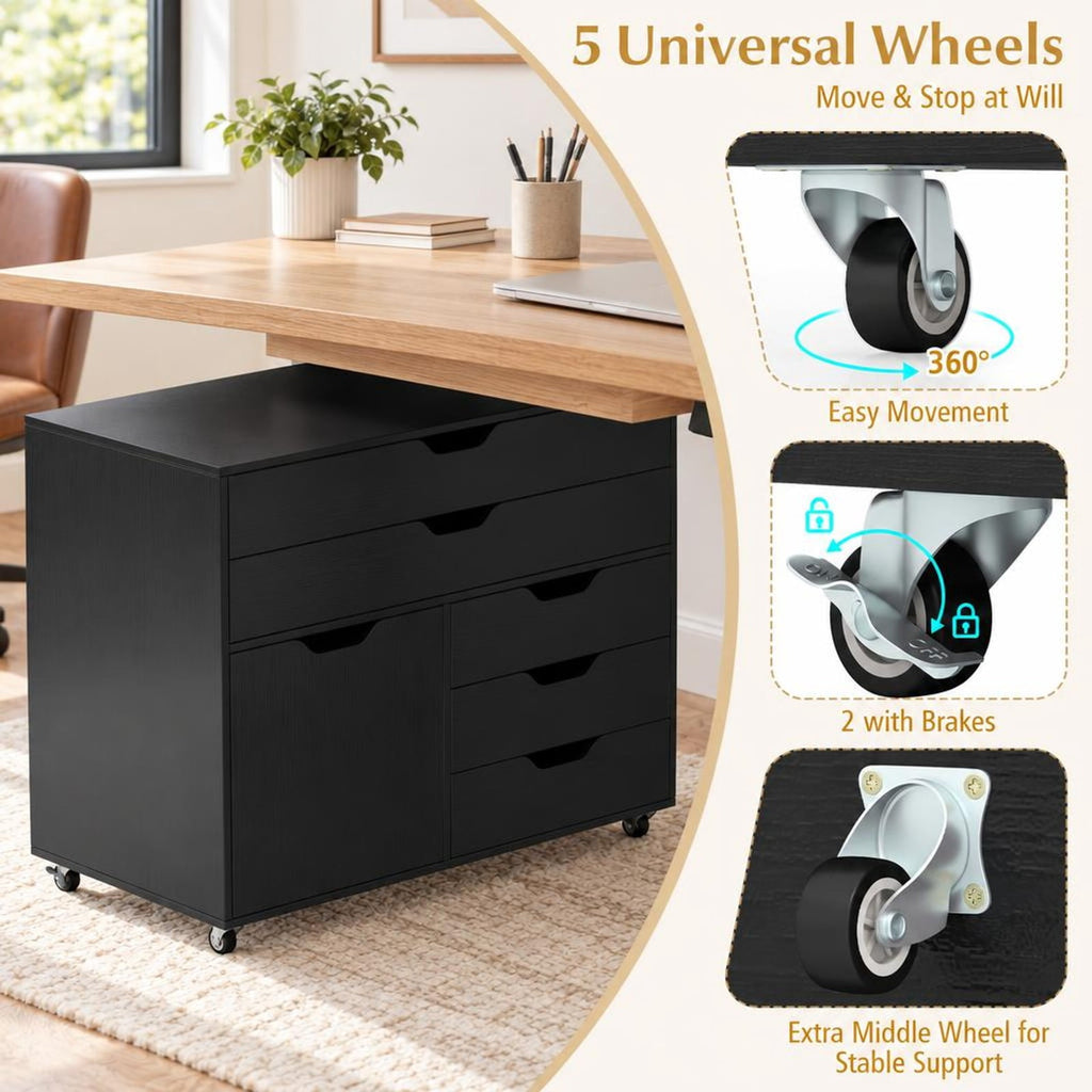 Airfind Modern Vertical 5-Drawer Mobile Chest with Door 5 Casters, 220 lbs Capacity, Engineered Wood MDF Metal Frame, 30.5in x 16in x 25in Footprint