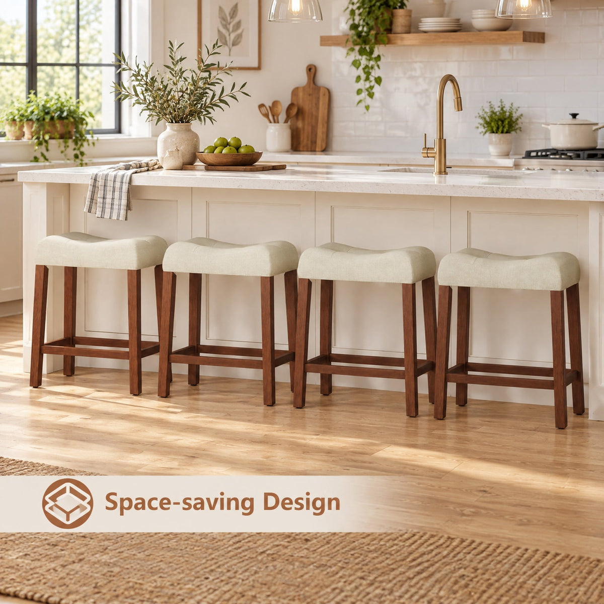 Airfind Set of 4 Upholstered Counter Height Bar Stool with Curved Saddle-seat, 330 Lbs Capacity, Rubber Wood MDF Fabric Sponge, Brown