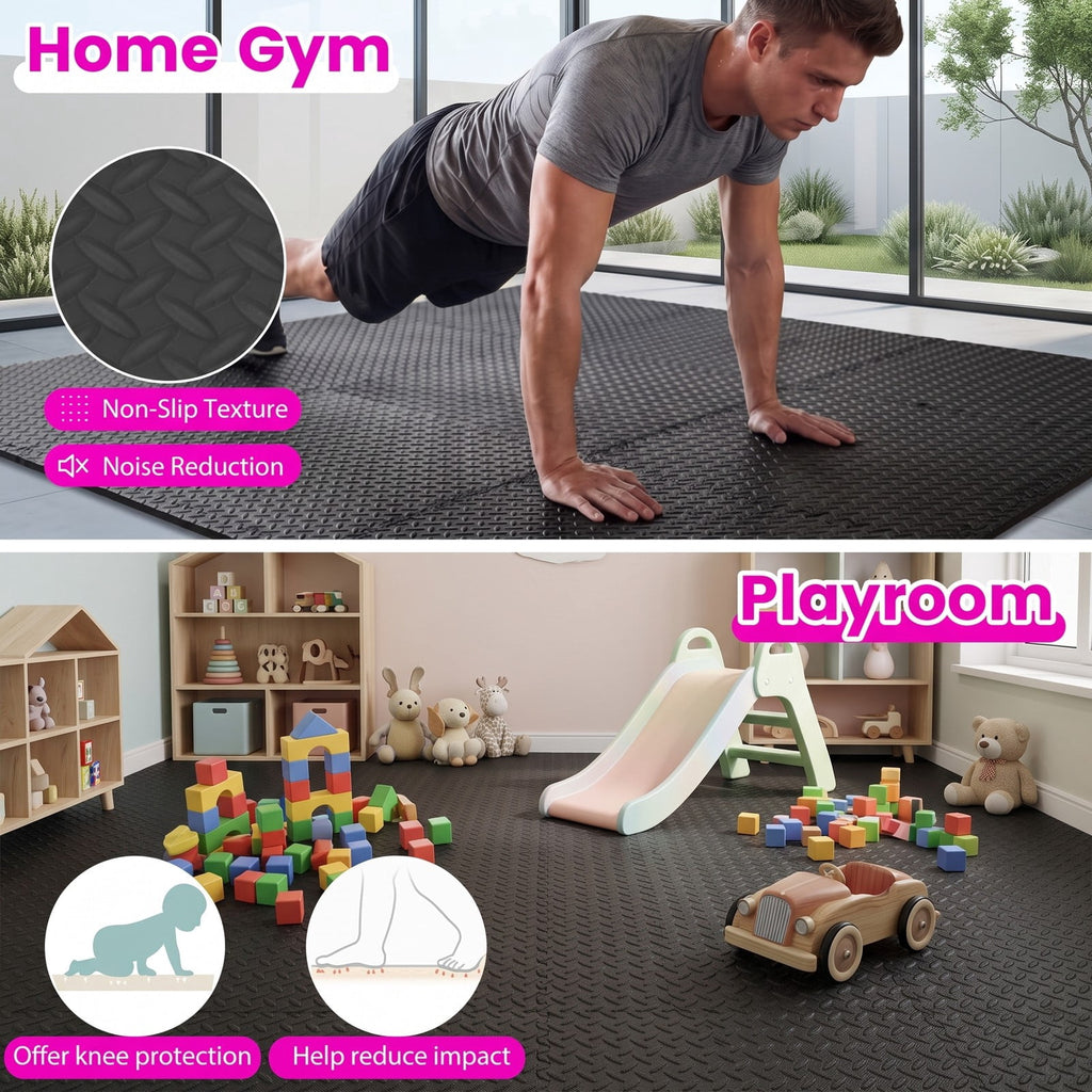 Airfind 12 Tiles Puzzle Exercise Floor Mat with Interlocking EVA Foam and Non-Slip Texture for Home Gym Equipment Protection, Black