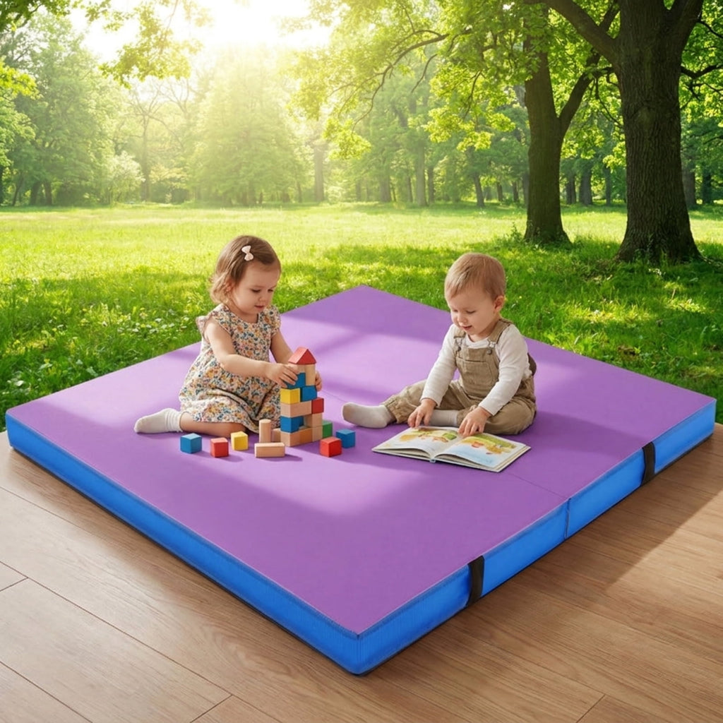Airfind 4 x 4 FT Bi-Folding Gymnastic Tumbling Mat with Carry Straps and Washable Cover, 4 Inch Thick Foam Exercise Mat, Purple