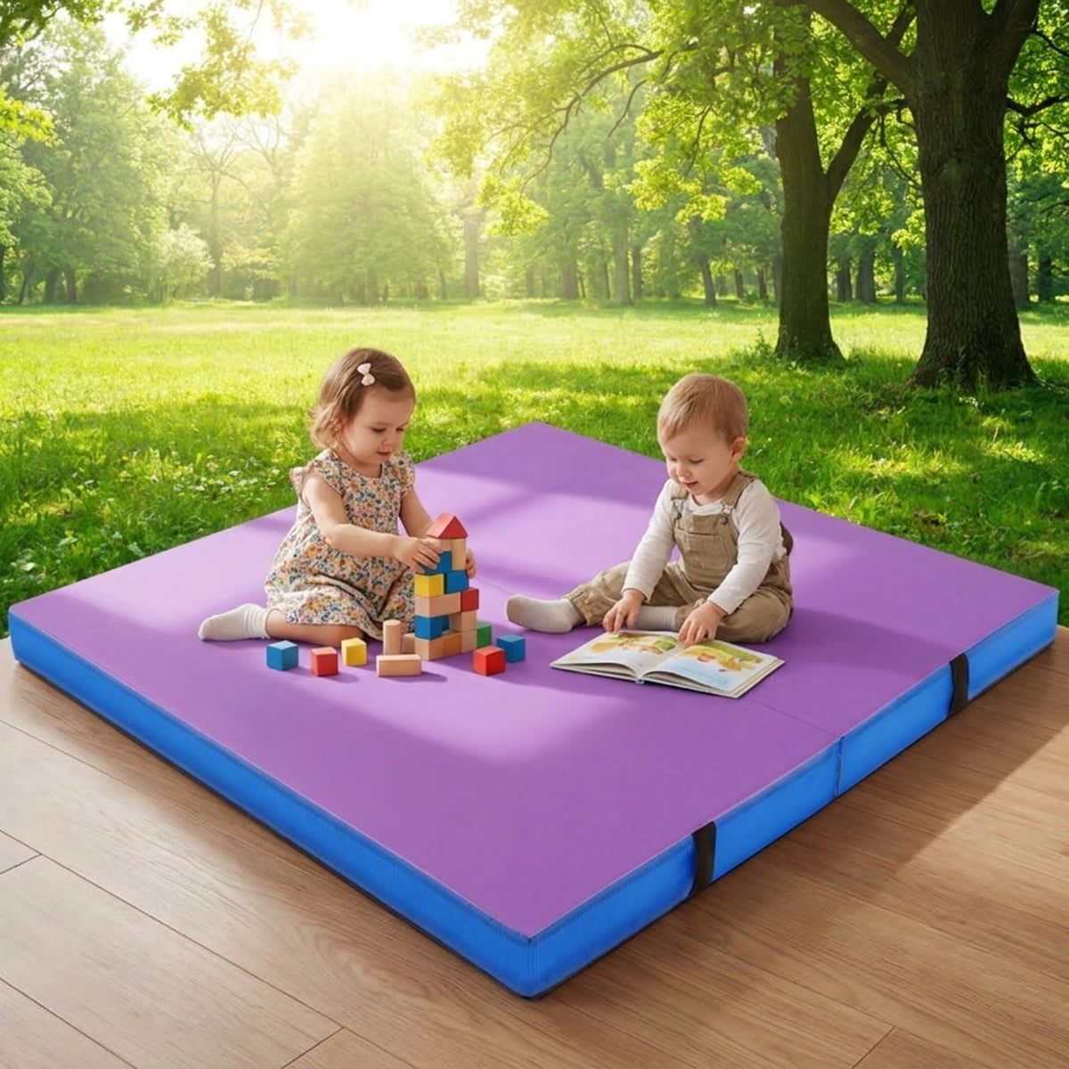 Airfind 4 x 4 FT Bi-Folding Gymnastic Tumbling Mat with Carry Straps and Washable Cover, 4 Inch Thick Foam Exercise Mat, Purple
