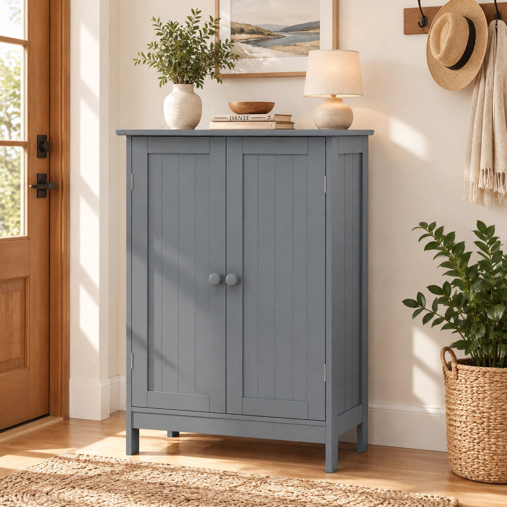 Airfind Bathroom Floor Storage Double Door Cupboard Cabinet, 22 lbs Capacity, MDF Frame, 24in x 14in x 34.5in Footprint, Gray