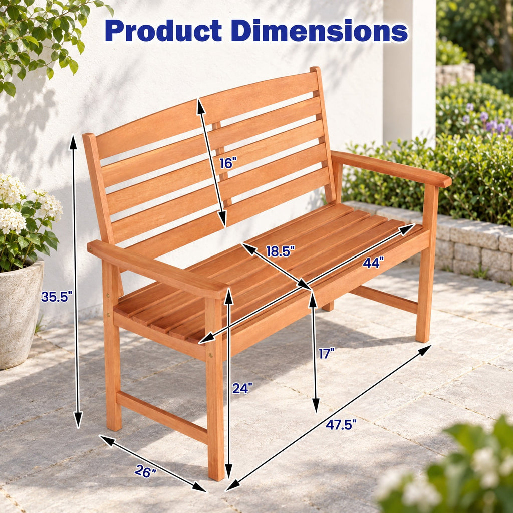 Airfind Outdoor Wooden Bench for 2 People with Curved Seat, Slatted Back and Armrests, 530 lbs Capacity for Porch and Patio, Natural