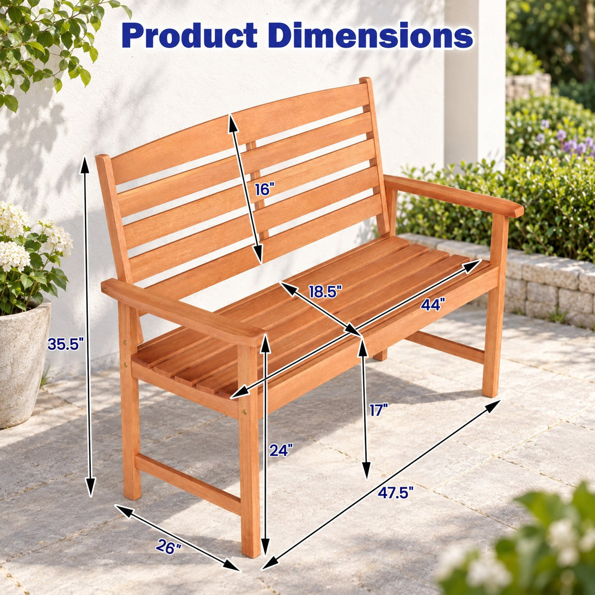 Airfind Outdoor Wooden Bench for 2 People with Curved Seat, Slatted Back and Armrests, 530 lbs Capacity for Porch and Patio, Natural
