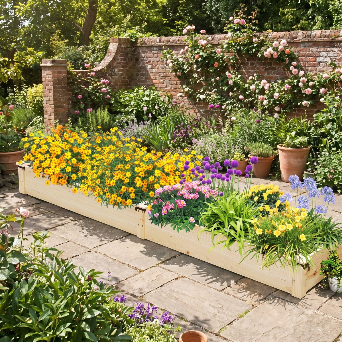 Airfind Wooden Raised Garden Bed with 2 Planter Boxes and Dividers, Fir Wood Frame, 90 x 25 x 10 (L x W x H) Interior Footprint, Natural