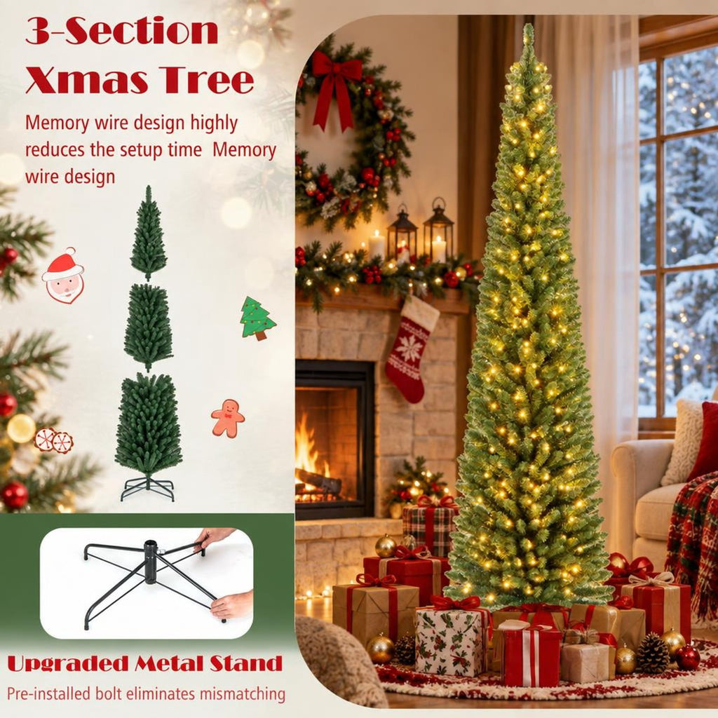 Airfind 8 Ft Prelit Pencil Christmas Tree featuring 250 Warm White LED Lights, Slim Artificial Xmas Tree with 671 Memory Wire Branch Tips, Green
