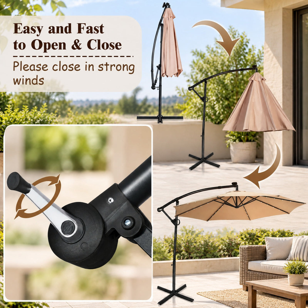 Airfind 10 ft 360° Rotation Solar Powered LED Patio Offset Umbrella without Weight Base, Steel aluminum polyester fabric Frame, 10 x 7.5 Footprint