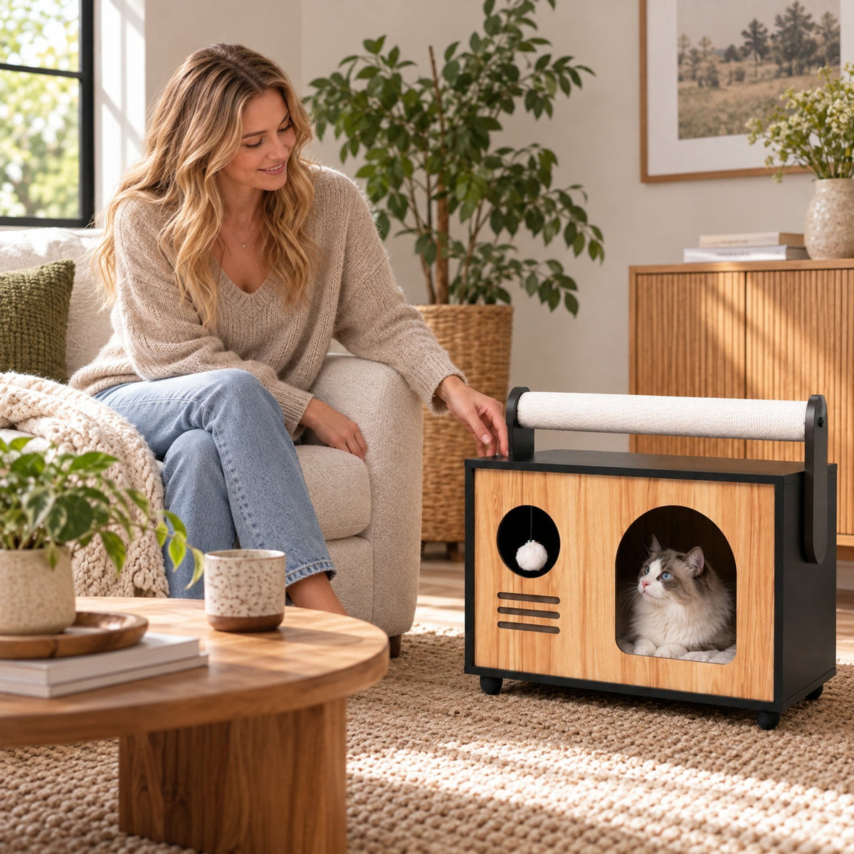 Airfind Wooden Cat House with Scratching Post, 33 lbs Capacity, Engineered Wood Frame, 19 Inch x 12 Inch x 17.5 Inch Height of Cat House 12 Inch Footprint, Black