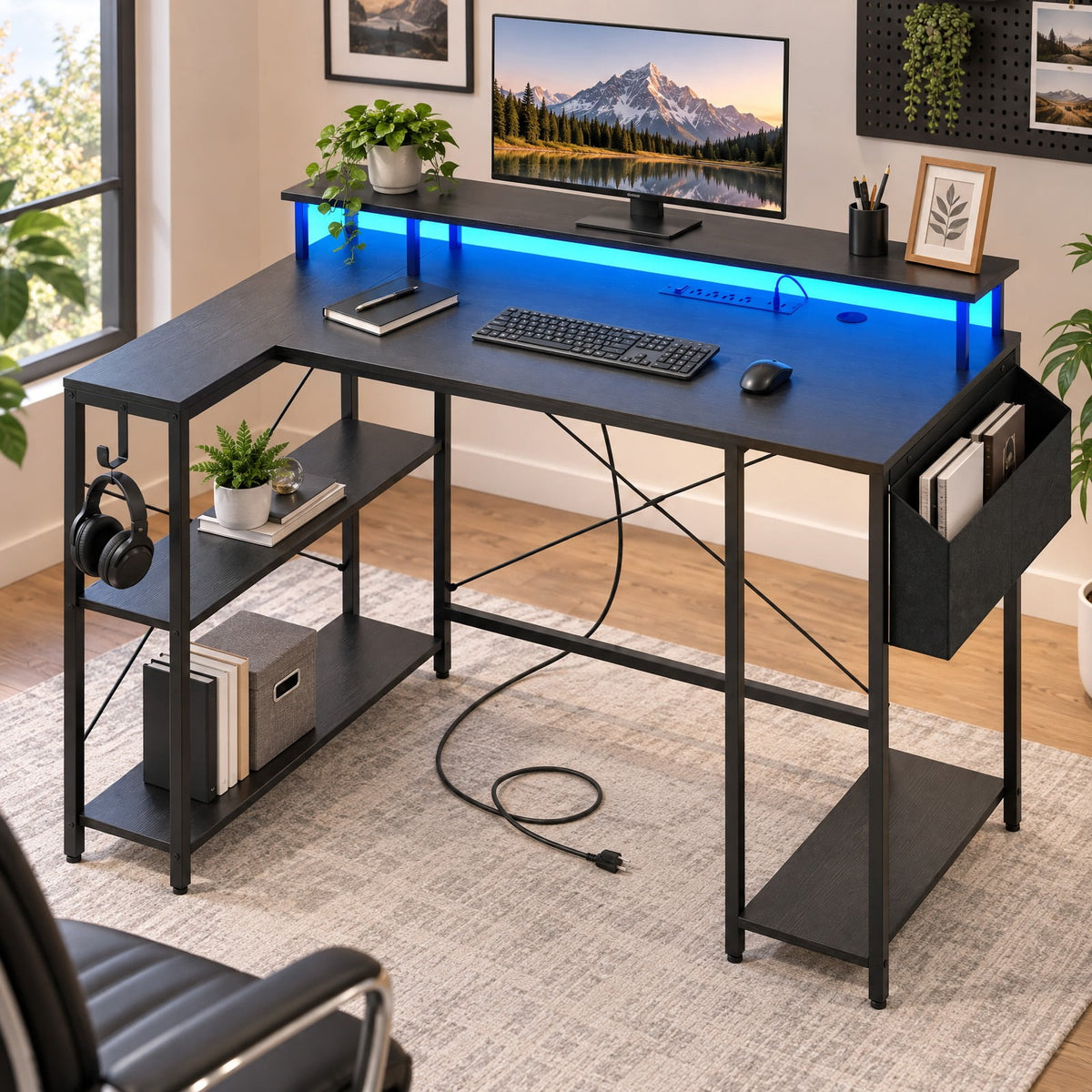 Airfind L-Shaped Gaming Desk with LED Lights and Power Outlets, 200 lbs Capacity, Engineered Wood Metal Frame, 48 x 31.5 x 34.5 Footprint, Brown