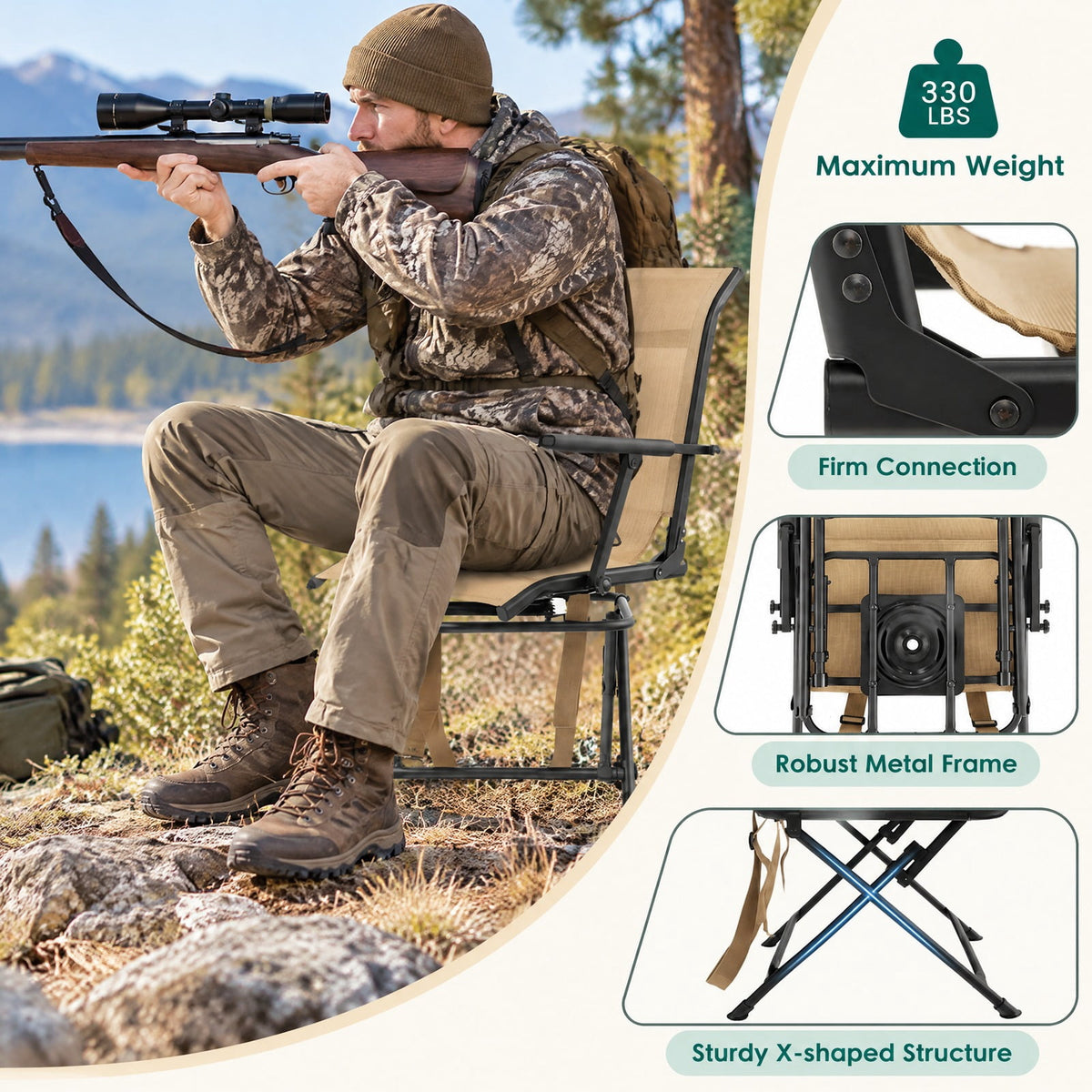 Airfind Foldable Swivel Hunting Chair with Mesh Back, Armrests and Wide Feet, 330 lbs Capacity for Ground Blind and Outdoor Use, Coffee