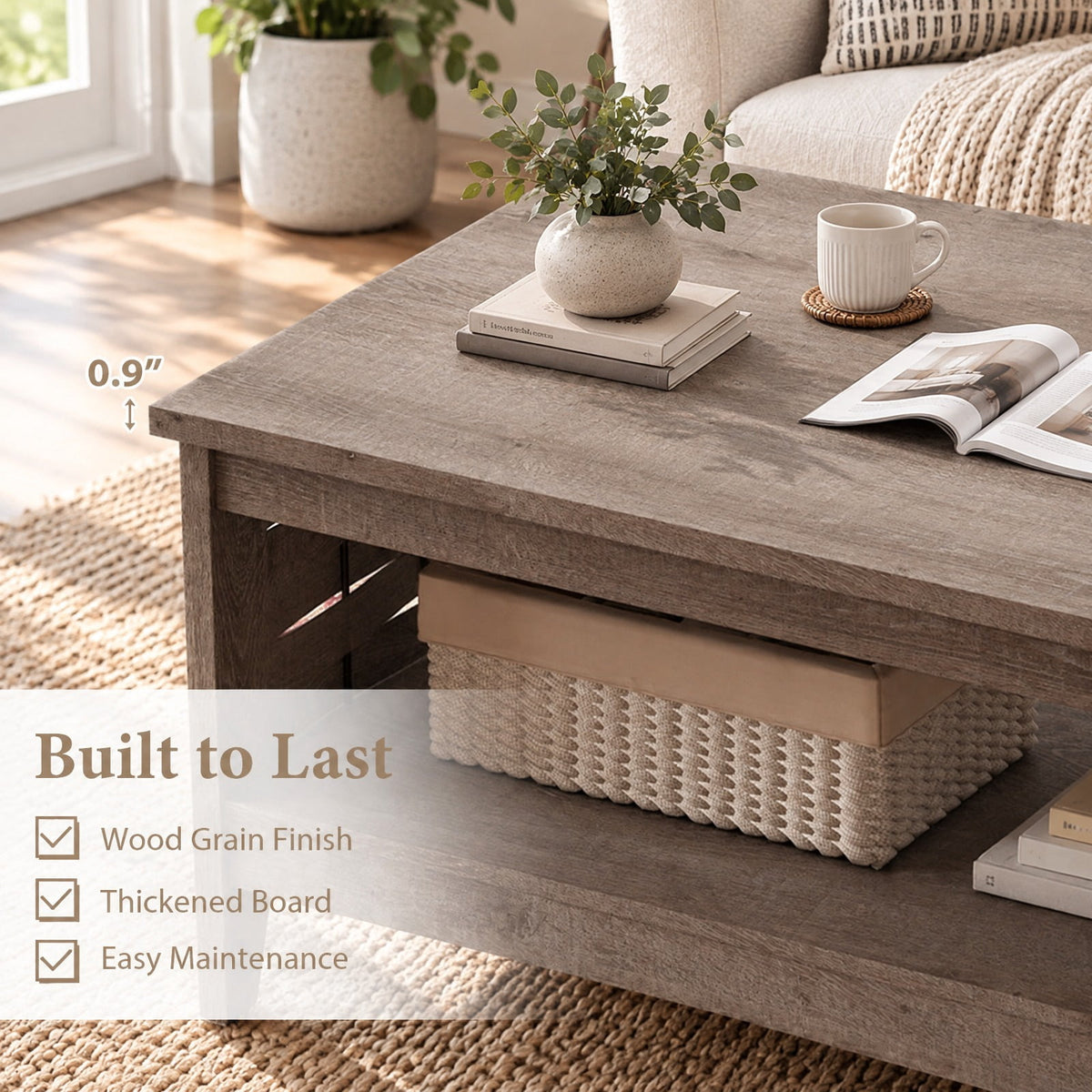 Airfind 2-Tier Farmhouse Coffee Table with Open Shelf and Woven Decorations for Living Room, 135 lbs Capacity, Engineered Wood MDF Frame, Coffee