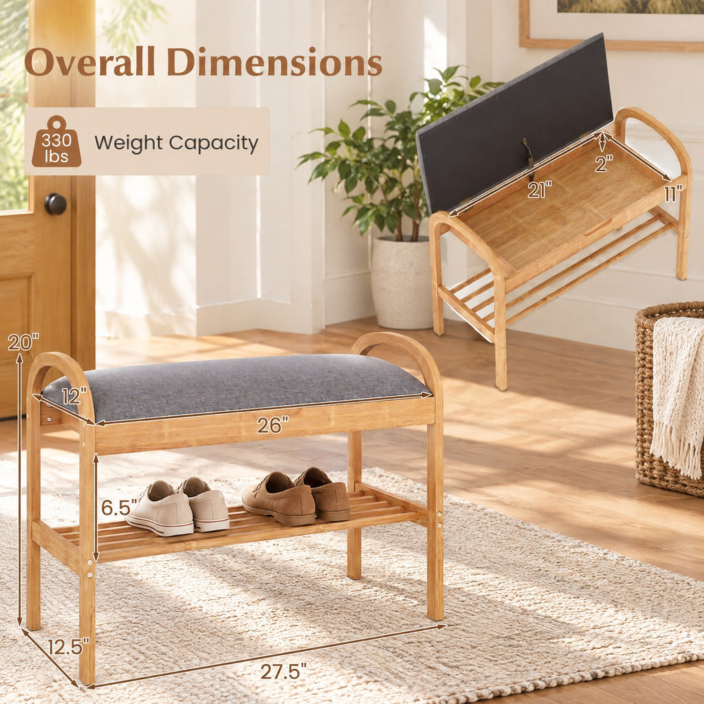 Airfind 2-Tier Bamboo Shoe Bench with Storage and Padded Cushion, 330 lbs Capacity, Bamboo Polyester Fabric Sponge Frame, Gray