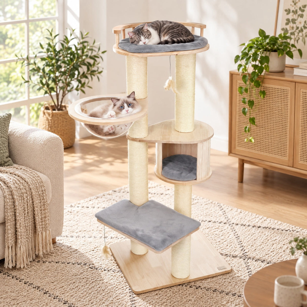 Airfind Cat Tree for Indoor Kittens with Top Perch Condo Space and 3 Hanging Feather Toys, Gray, 4 Inch sisal scratching posts for cats to claw