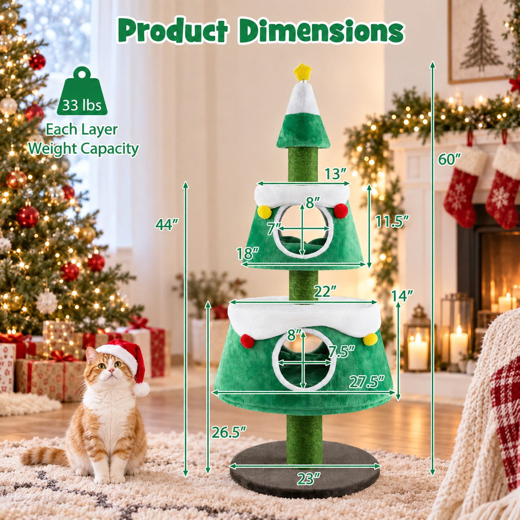 Airfind Christmas Cat Tree for Indoor Cats Cute Holiday Cat Tower with 2 Condos, 33 lbs Capacity, Green