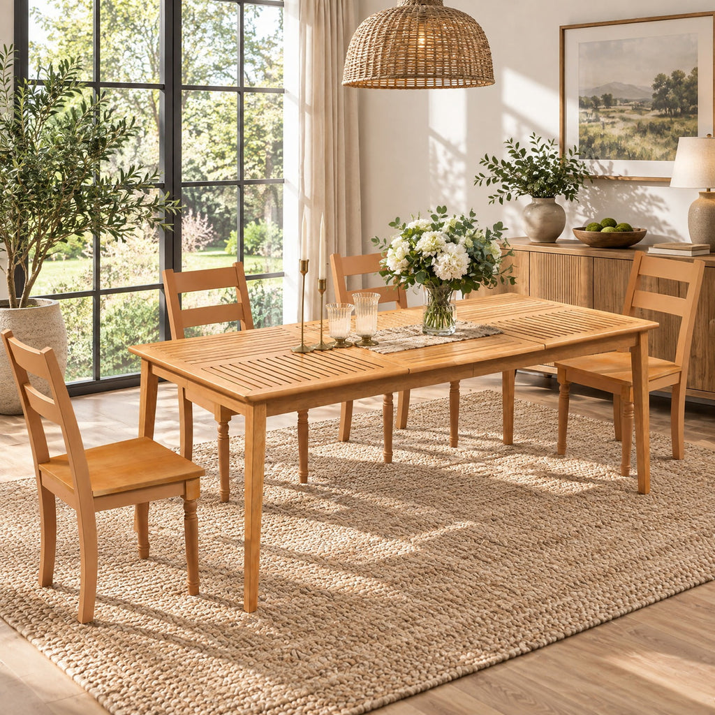 AIRFIND Patio Dining Table for Six with Acacia Wood Slatted Top, Umbrella Hole and Reinforced Frame, 67 x 35 x 30 in, Natural