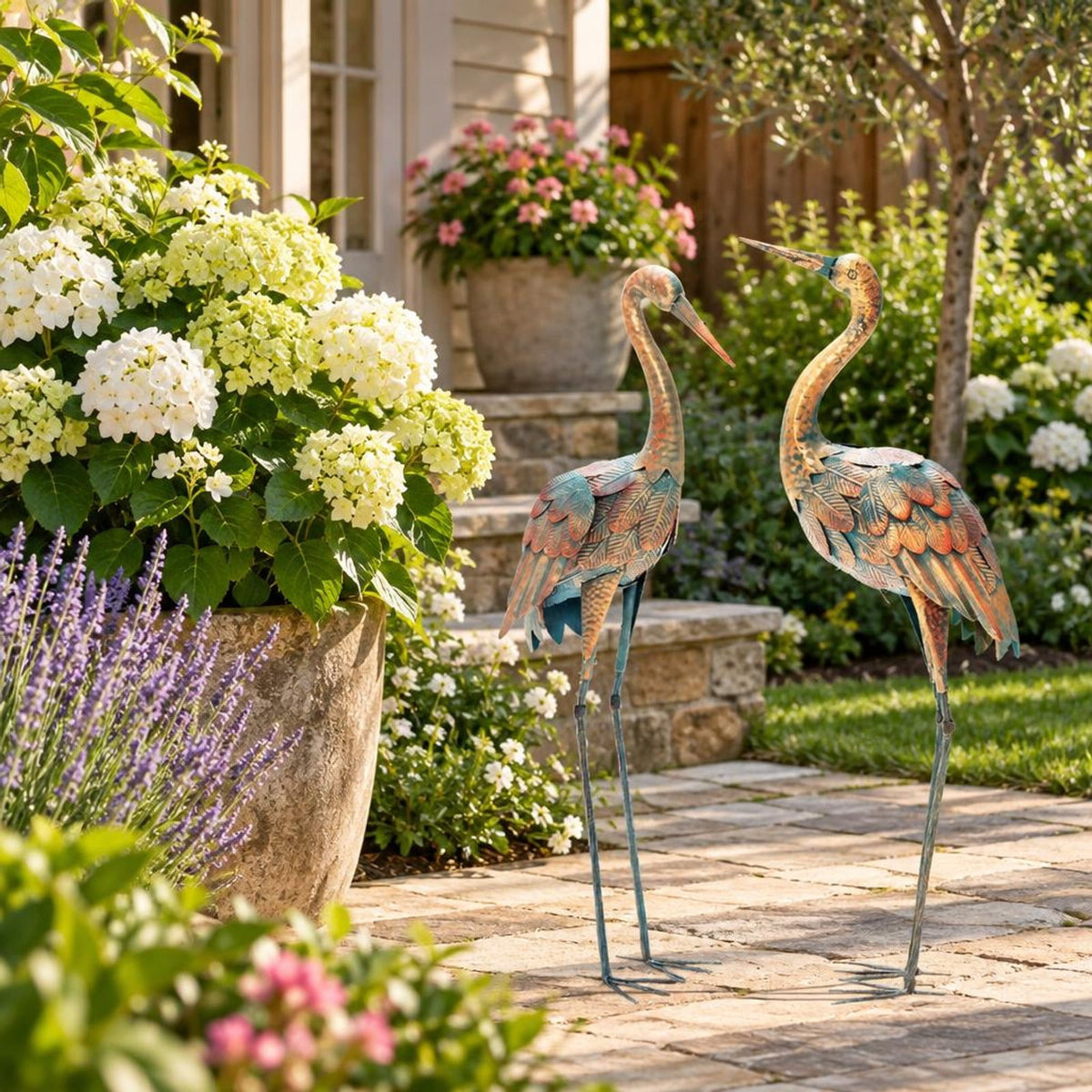 Airfind Set of 2 Crane Garden Statues Standing Metal Crane Sculptures Bird, Metal Frame, 2 standing lawn sculptures in total