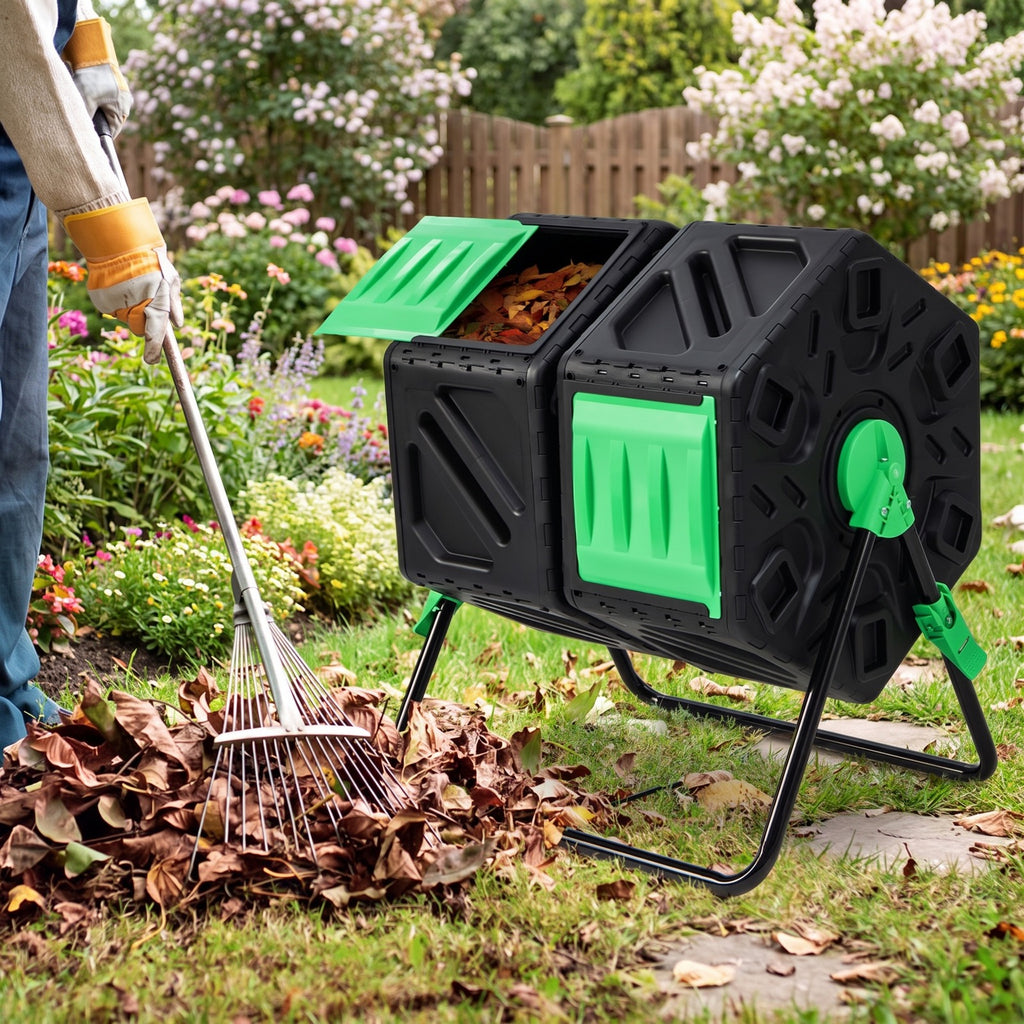 Airfind Dual Chamber Garden Compost Tumbler with Sliding Doors-Black Green, Black, Dimensions 25.5 x 23.5 x 29Size of 2
