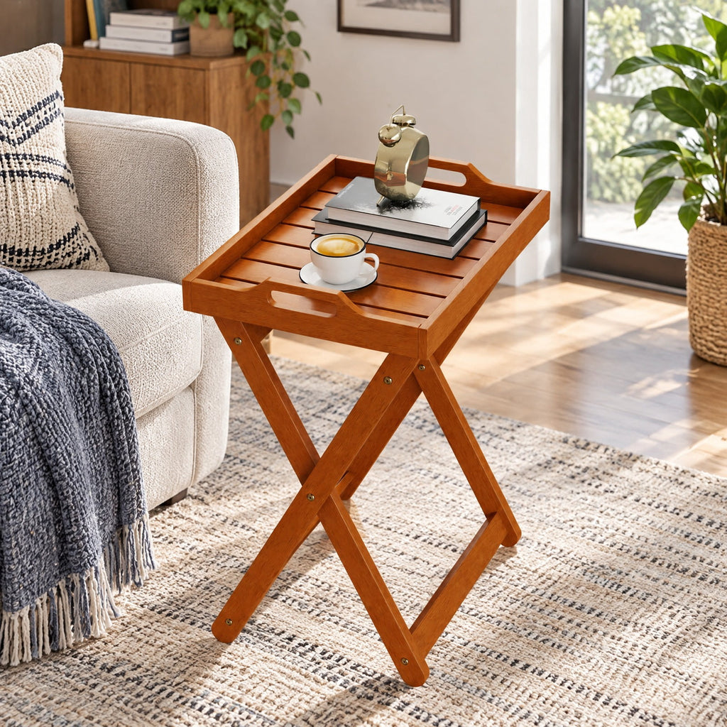 Airfind Outdoor Wood Tray Table Portable Side End Table with Folding Frame, 55 lbs Capacity, Wood Polyester Frame, 16 x 21 x 27 Footprint, Wood