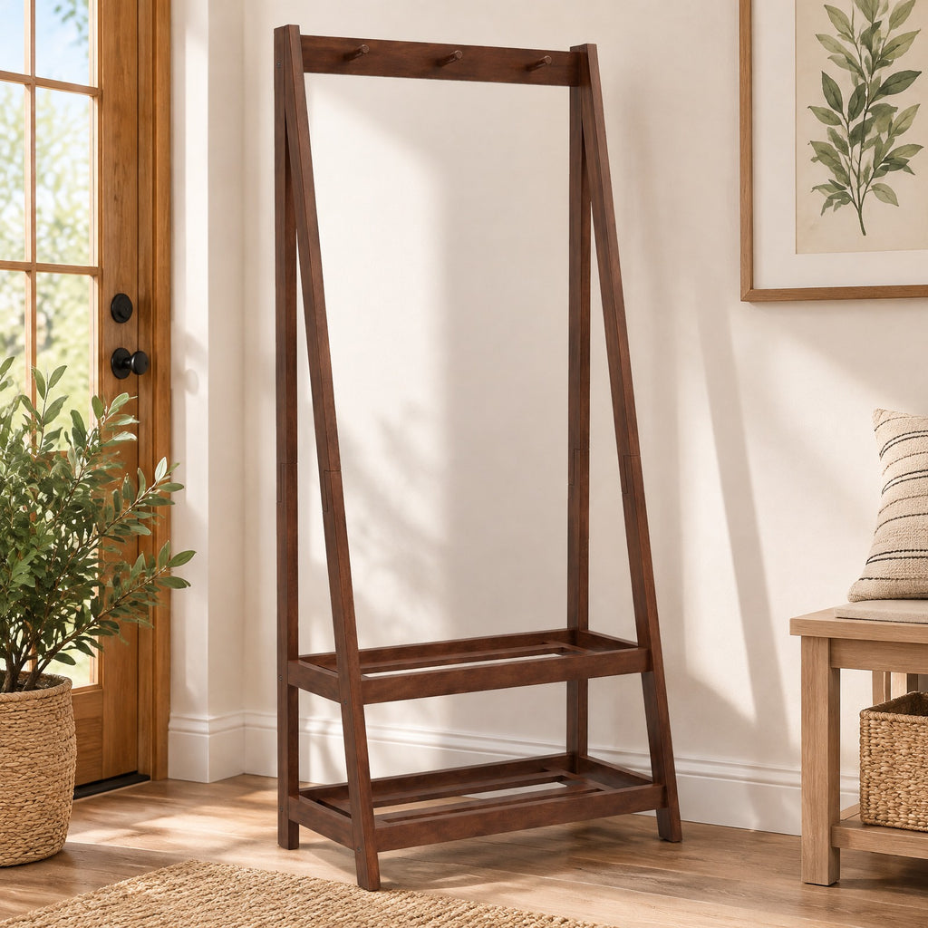 Airfind Freestanding Clothes Rack with 3 Hooks and 2 Shelves, 33 lbs Capacity, Rubber Wood Frame, 13 x 24 x 55 Footprint, Walnut
