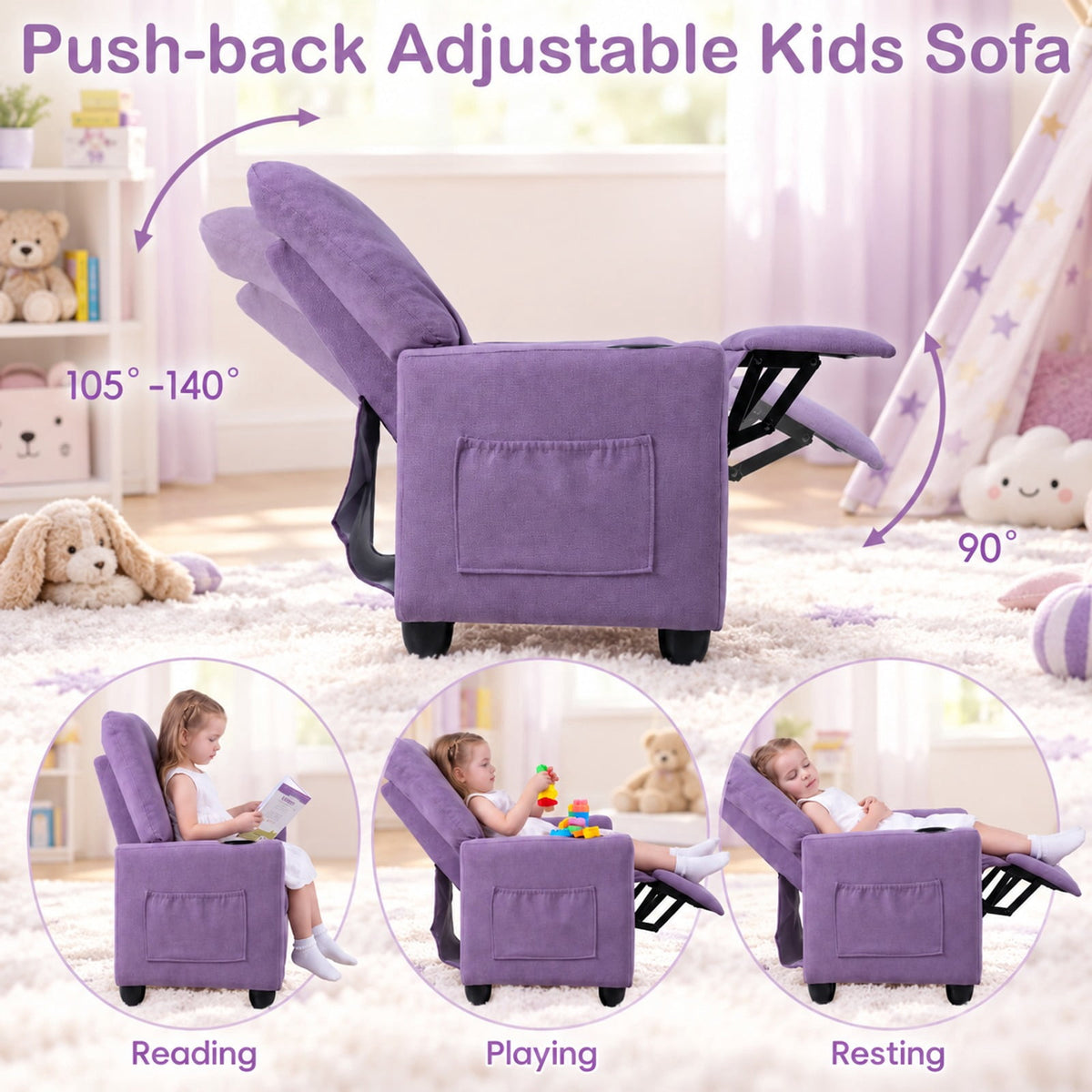 Airfind Kids Recliner Toddler Single Sofa with Adjustable Footrest and Cup Holder, 150 lbs Capacity, Wood Metal Sponge Chenille Fabric Frame, Purple