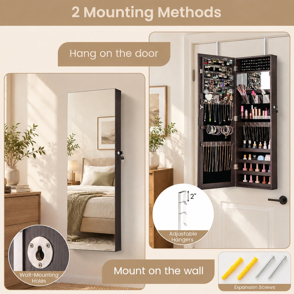 Airfind 43.5 Inch Jewelry Mirror Cabinet with Full-length Mirror and Adjustable Hangers, MDF Frame, Dark Brown