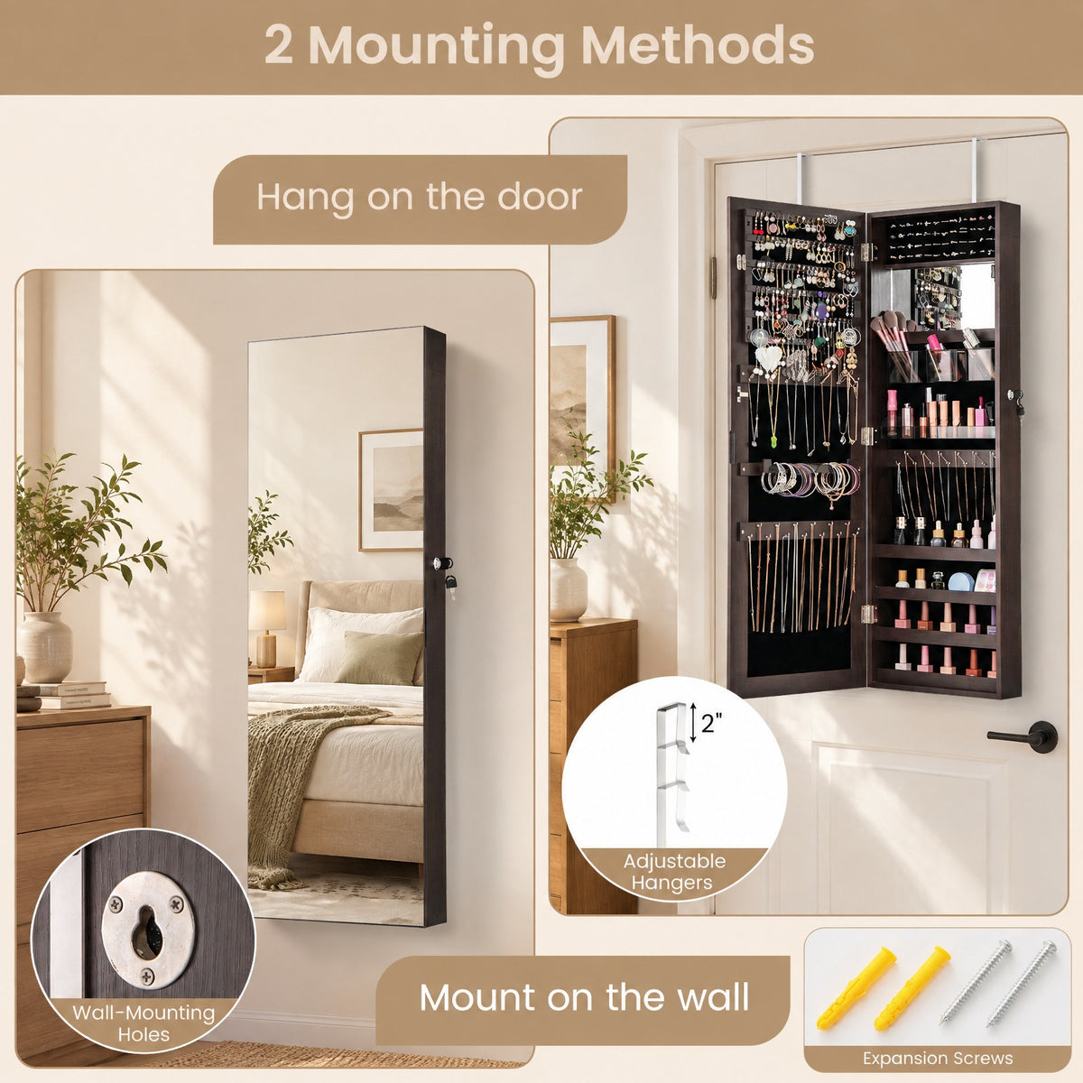 Airfind 43.5 Inch Jewelry Mirror Cabinet with Full-length Mirror and Adjustable Hangers, MDF Frame, Dark Brown