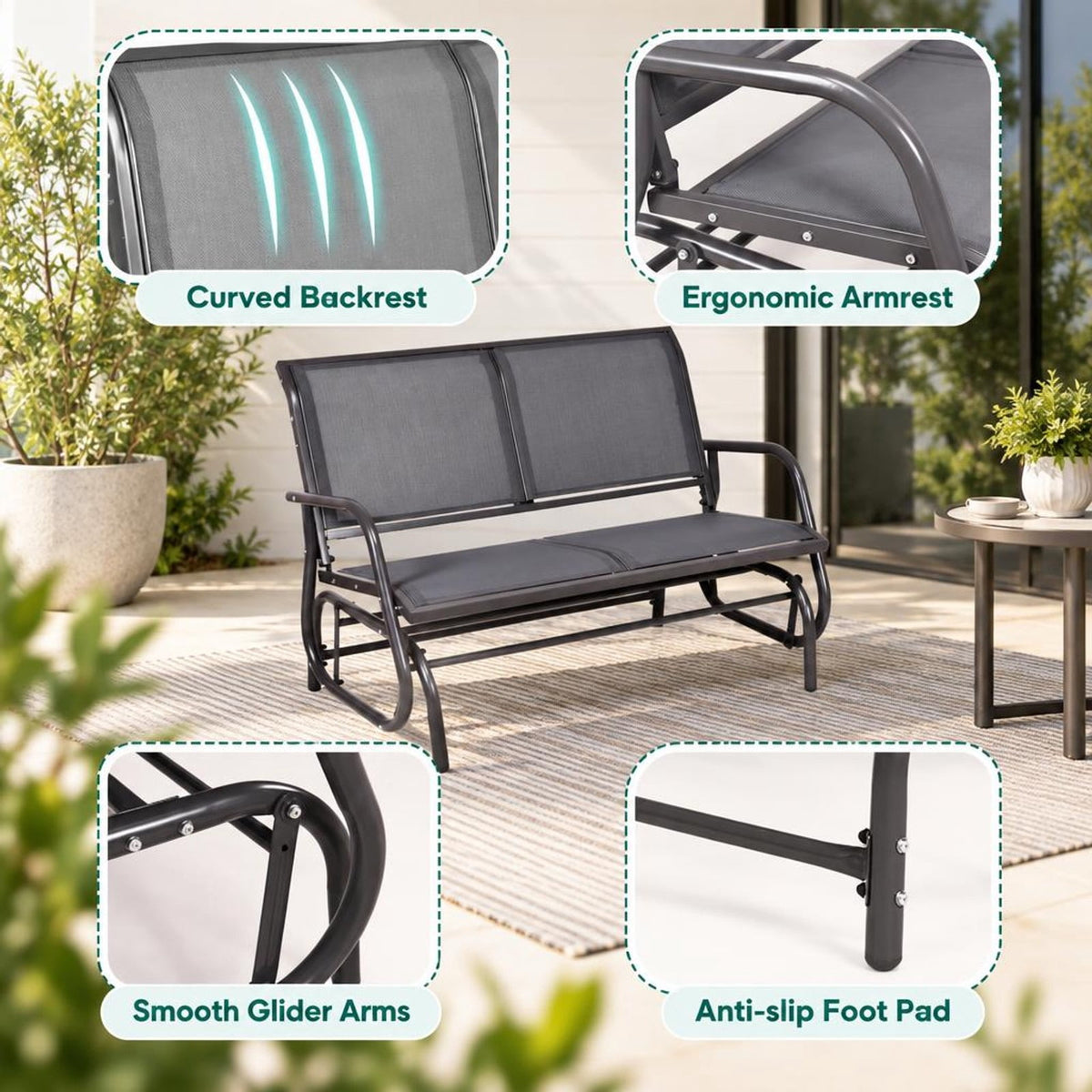 Airfind Swing Glider Chair 48 Inch Loveseat Rocker Lounge Backyard, 400 lbs Capacity, Steel Frame, 48.5 Inch x 28 Inch x 34 Inch Footprint, Gray