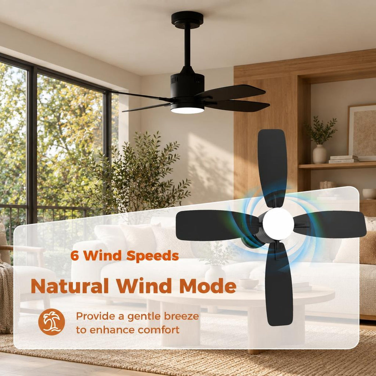 Airfind 42inch Ceiling Fan with Light and Remote 3CCT LED with Memory 4H Timer 6 Speeds, Metal Plywood PC Frame, Black