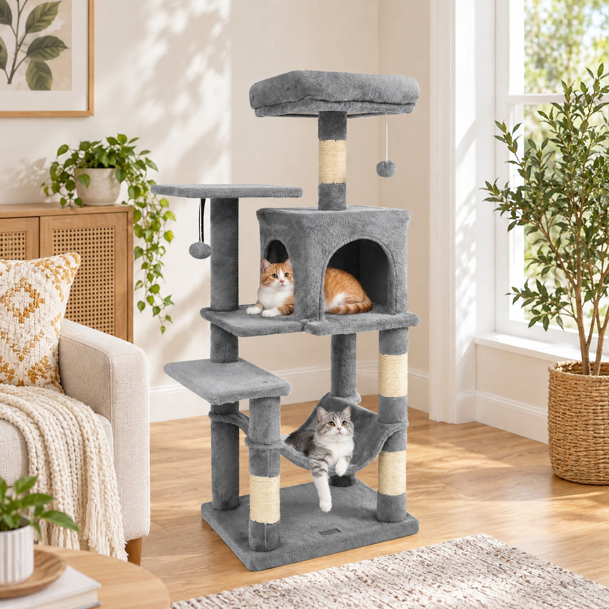 Airfind Multi-Level Cat Tower with 2-Door Condo and Padded Top Perch, PP Cotton Fabric Sisal Engineered Wood Overall Height 44 Base Frame