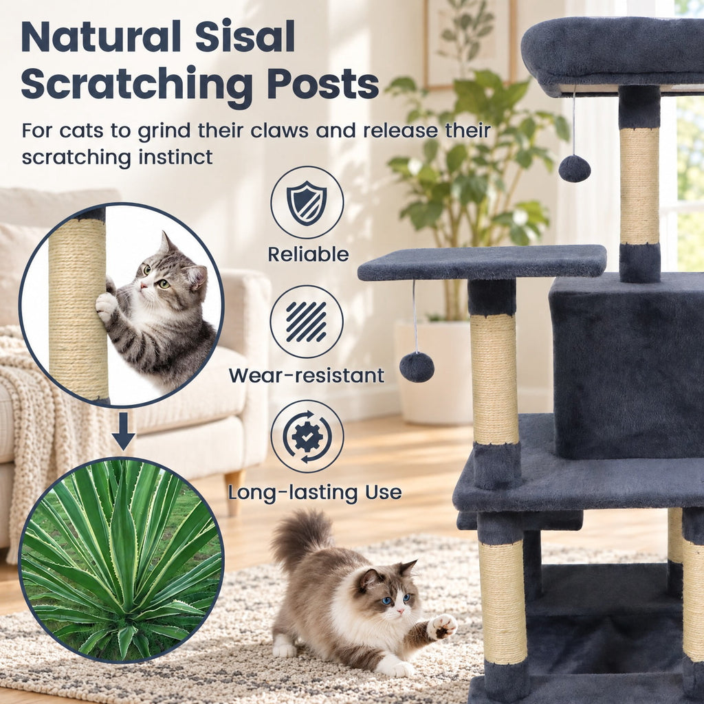 Airfind 58 Multi-Level Cat Tree Soft Plush Cat Tower with Padded Top Perch, PP Cotton Fabric Sisal Engineered Wood Overall Height 58 Base Frame