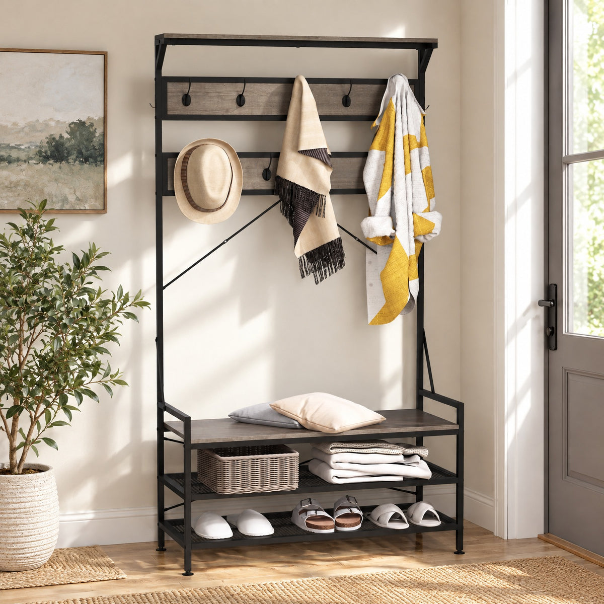 Airfind Coat Rack 4-In-1 Hall Tree with 11 Hanging Hooks Shoe Bench, 341 lbs Capacity, Engineered Wood Metal Frame, 40 x 16 x 72.5 Footprint
