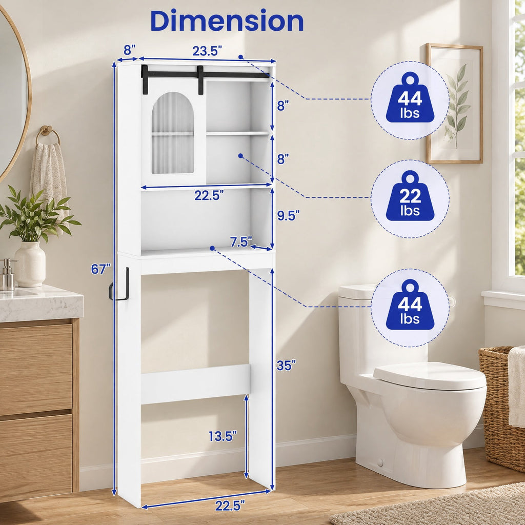Airfind Over Toilet Storage Cabinet with Sliding Barn Door and Open Shelves for Bathroom, 44 lbs Capacity, Engineered Wood Frame, White
