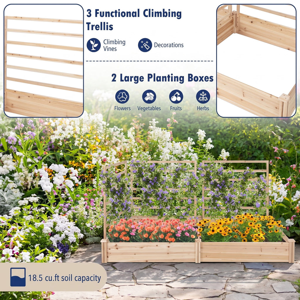 Airfind Raised Garden Bed with 2 Planter Boxes and 3 Trellis, Trellis 22 lbs Capacity, Fir Wood Frame, Natural