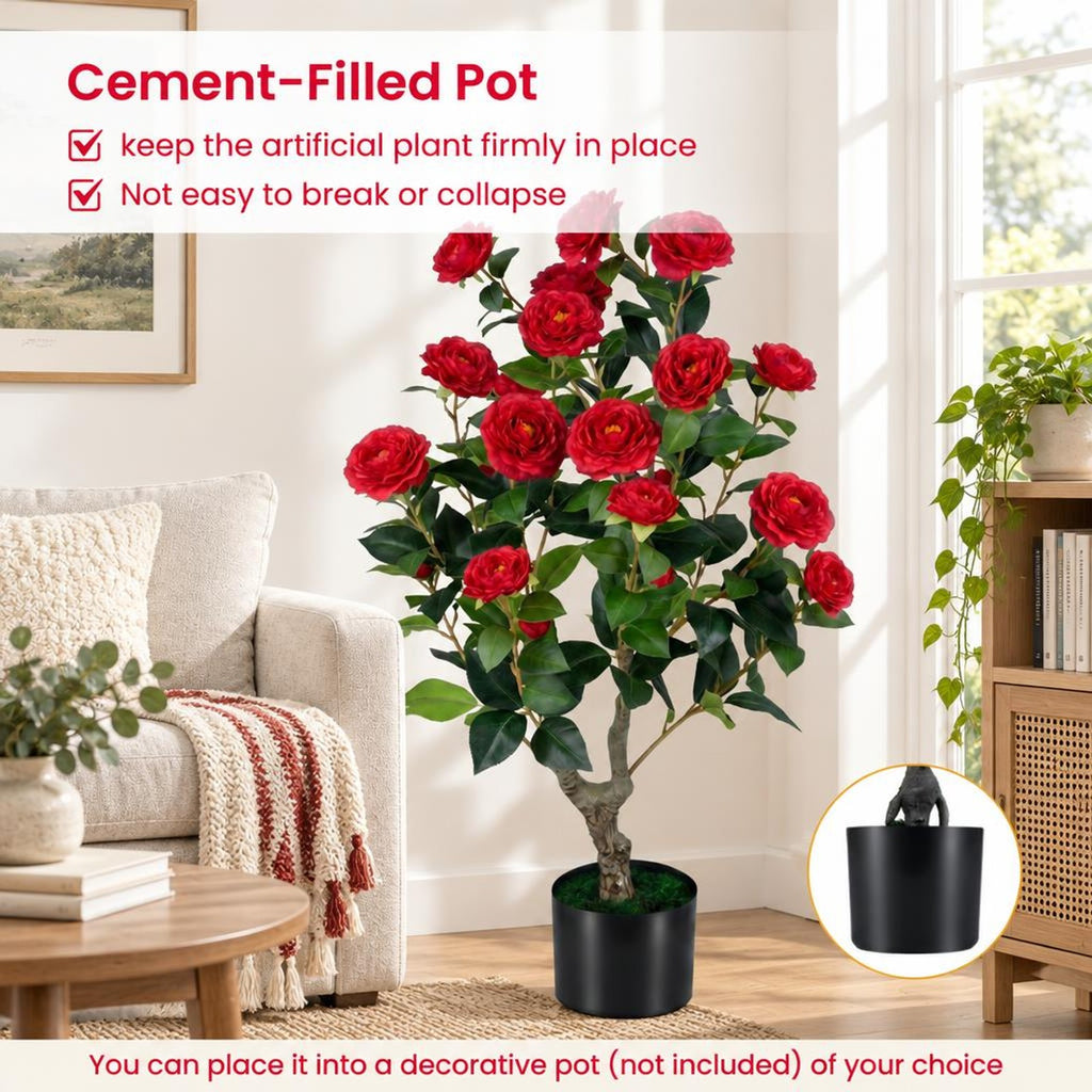 Airfind Artificial Camellia Tree Faux Flower Plant in Cement-Filled Pot=Red, PE PP Cement Overall Height 35.5 Flower Pot Height 5 Flower Pot Frame